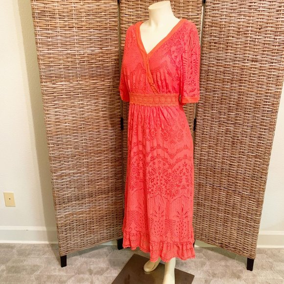 Anthropologie Farm Rio Devore Lace Pink and Orange Maxi Dress V-Neck Small - Picture 4 of 10